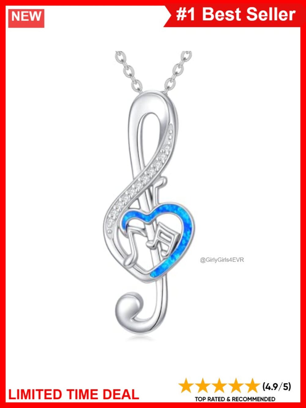 Sterling Silver Created Blue Opal Music Note Necklace 18+2 Inch Pendant